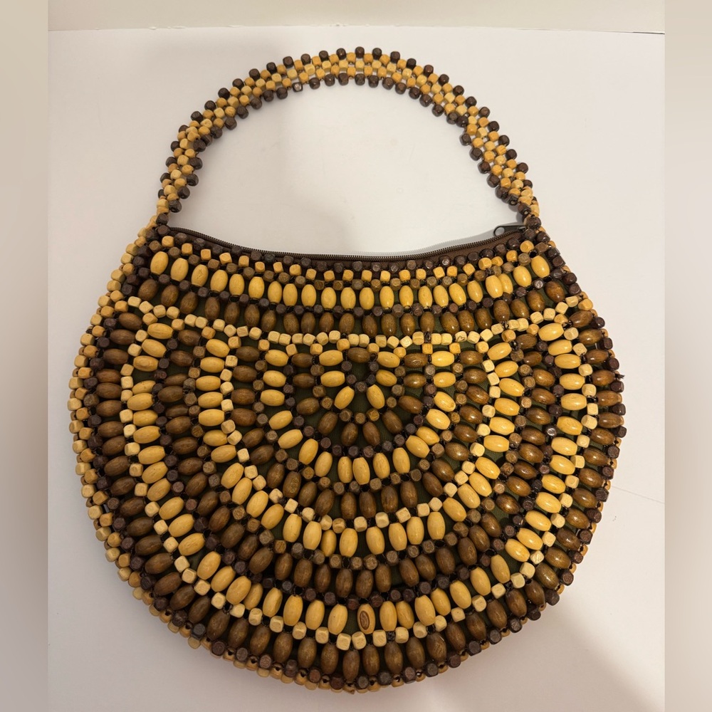 Apt 9 Wood Beaded Purse Satchel Hobo Bag Boho Hippie Bohemian Natural